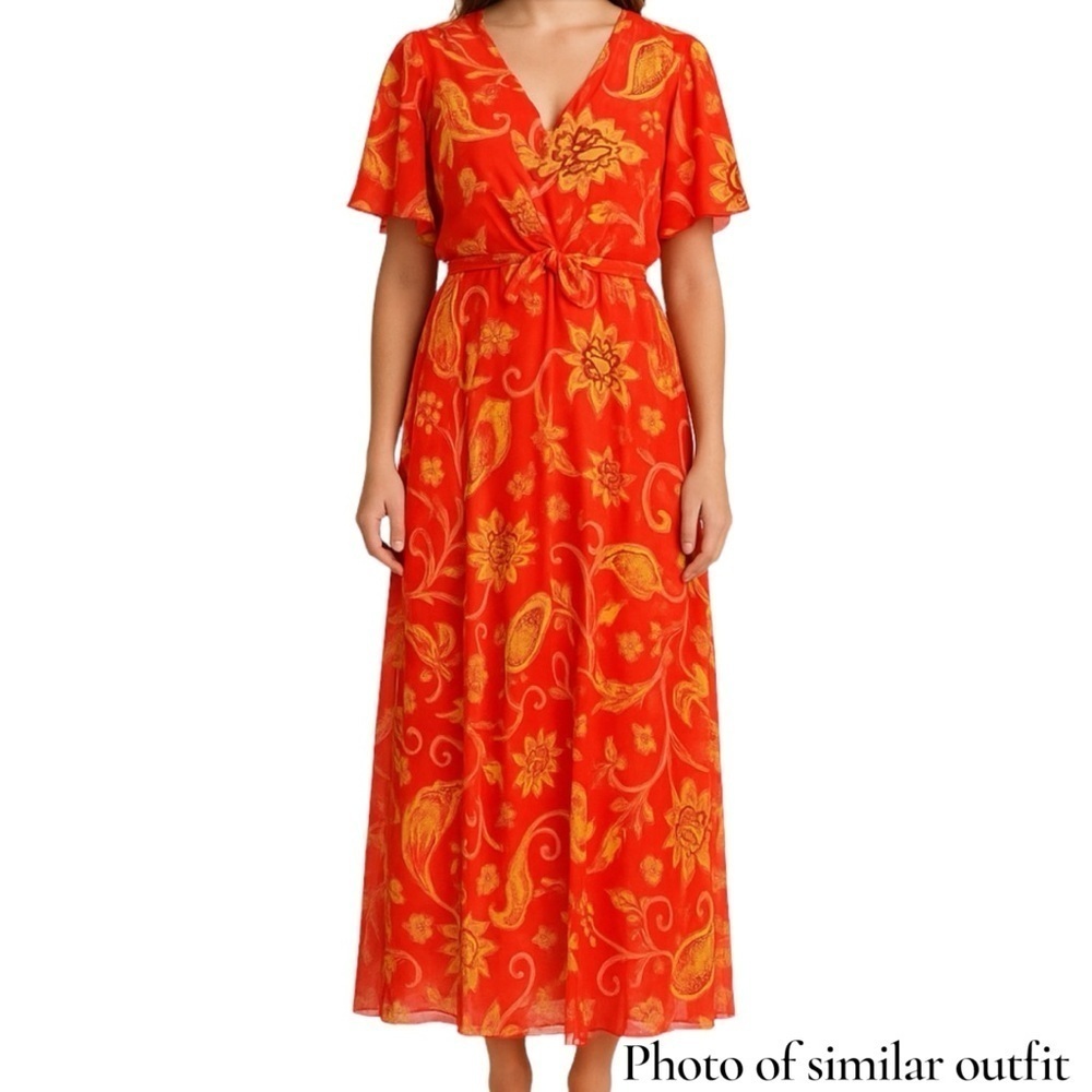 Carolina Belle Whimsical Maxi Dress Sz M Orange Floral Beachy Sundress Flutter